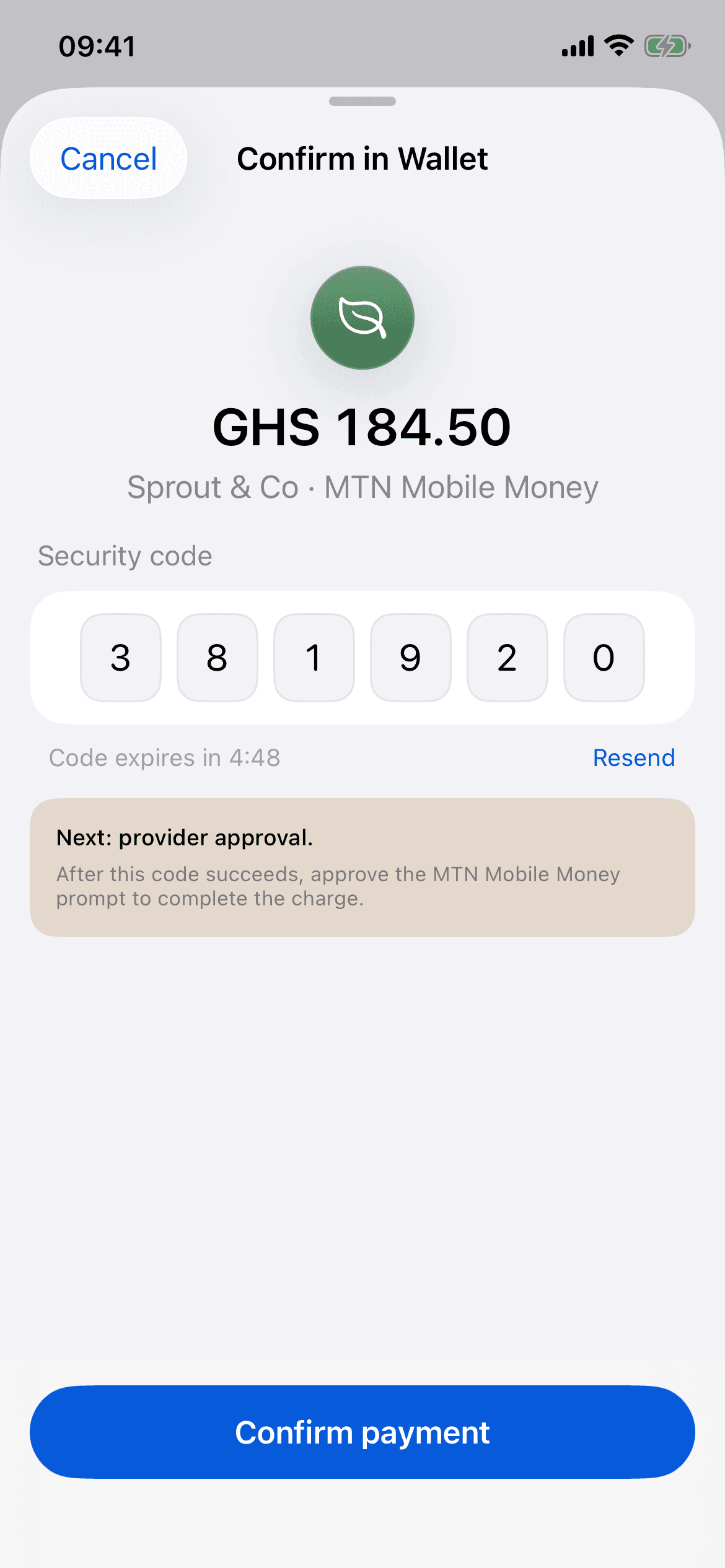 Confirming a payment securely in Inttegro Wallet