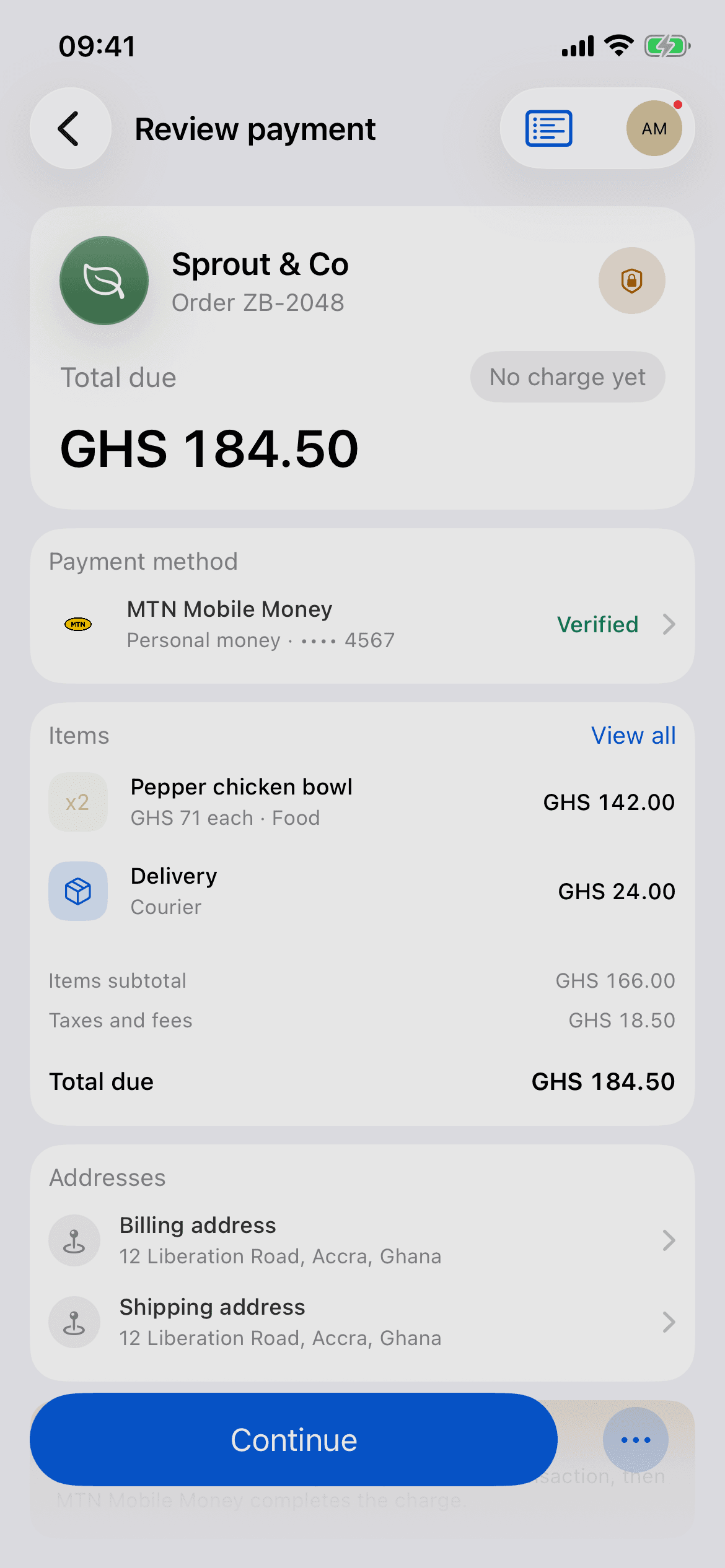 Reviewing an order before payment in Inttegro Wallet
