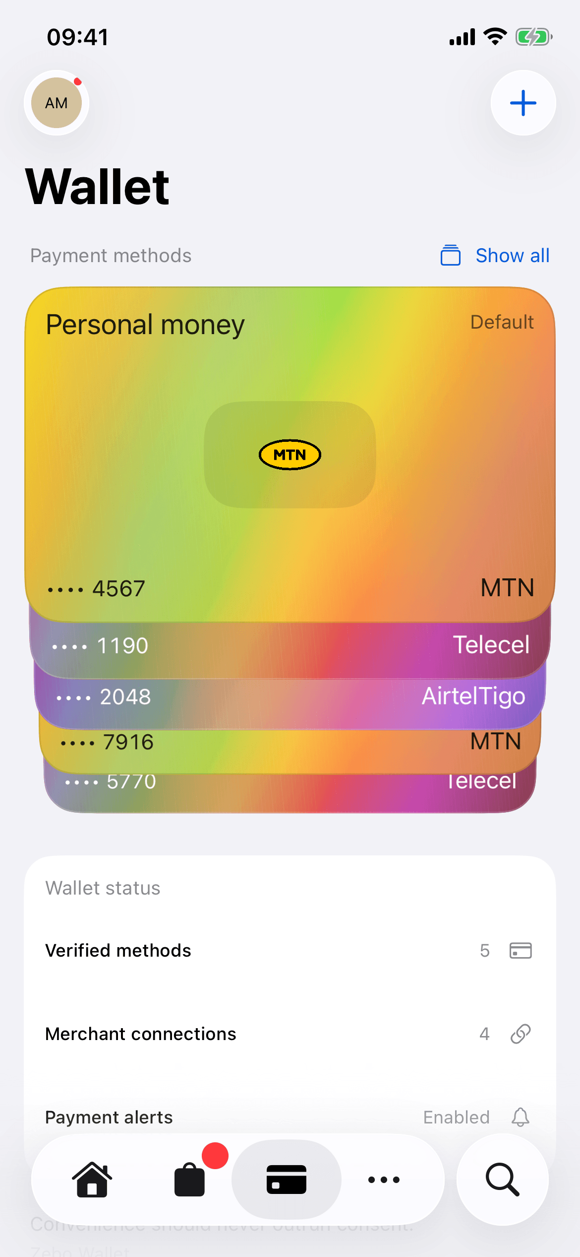 Saved mobile money methods arranged in Inttegro Wallet